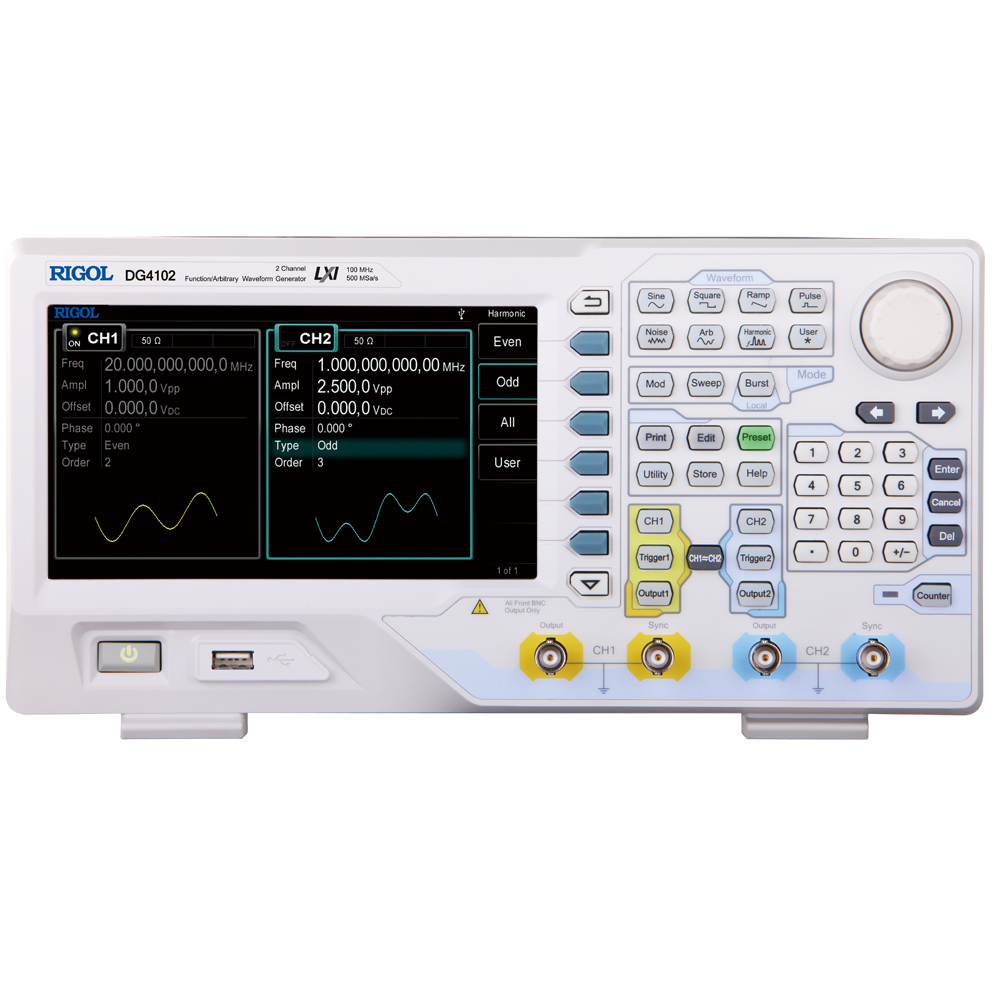 DG4000系列集函數產生器，任意波形產生器，脈衝產生器，諧波產生器，類比/數位調制器，計頻器等功能於一身的多功能信號產生器；該系列所有型號皆具有2個功能完全相同的通道，通道間相位可調。